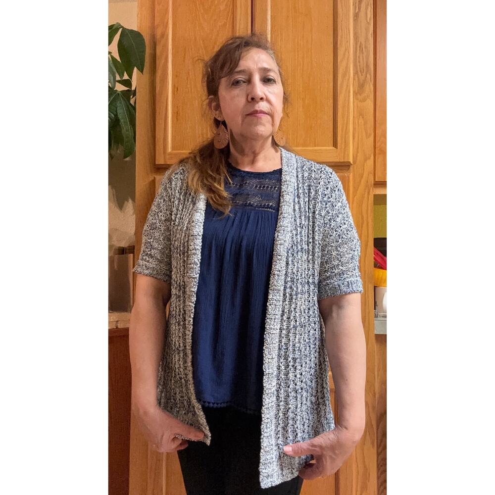Chico’s short sleeve blue mix boho chic cardigan size 1 medium
